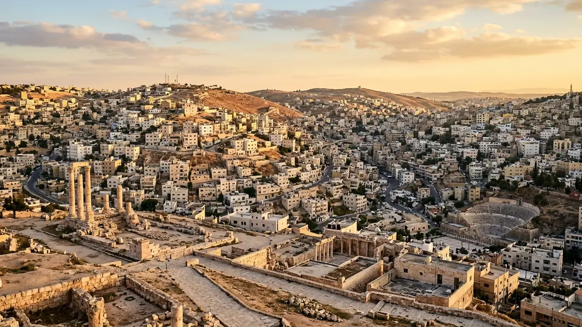 منظر عام لجبال عمان وبيوتها الحجرية البيضاء من جبل القلعة