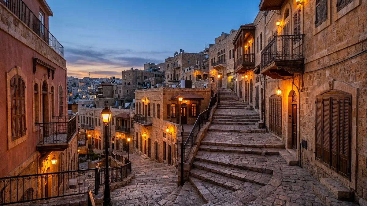 درج حجري قديم وبيوت جبل عمان عند الغروب