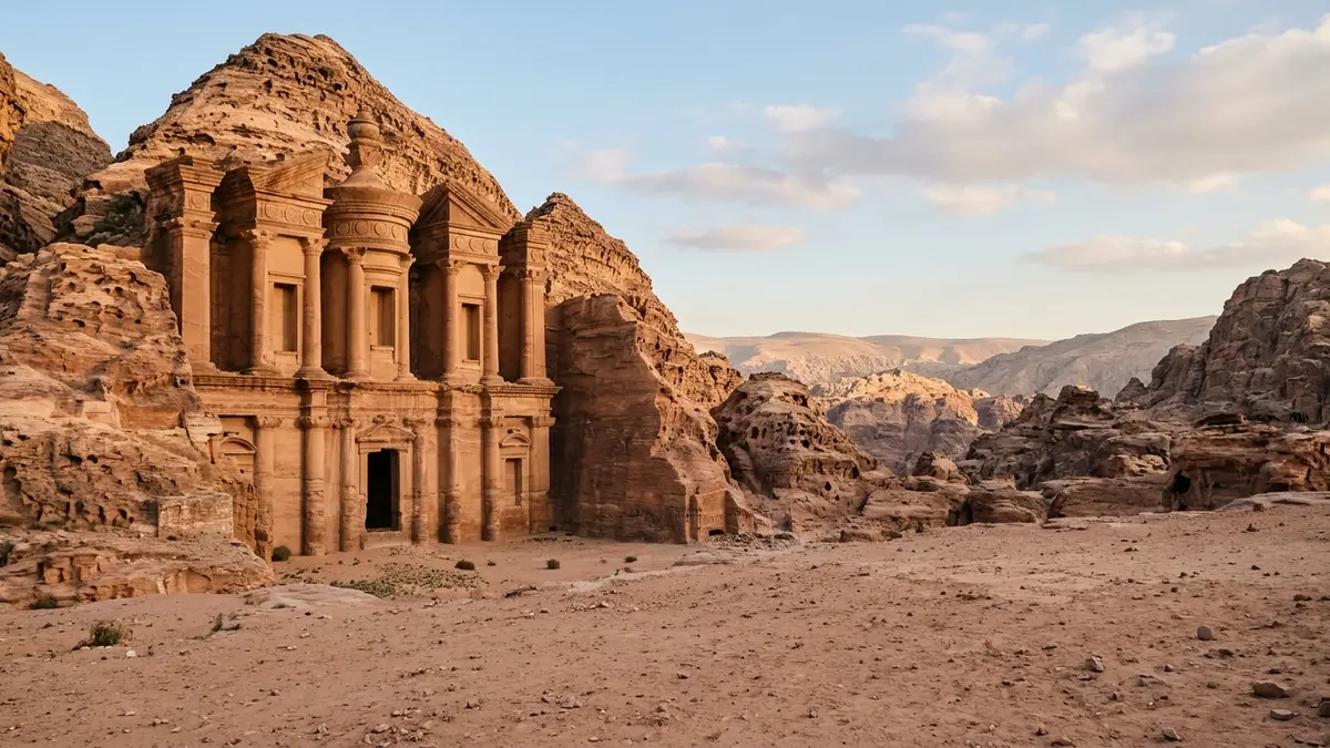 واجهة الدير المنحوتة في جبل البترا عصرًا