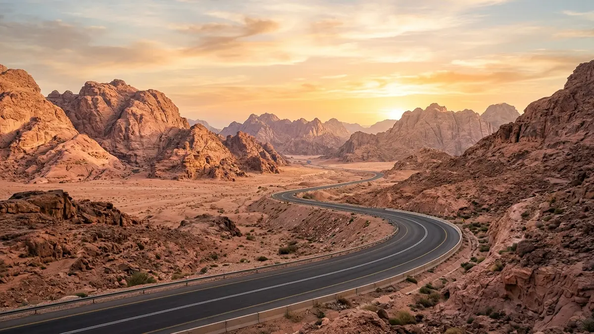 طريق صحراوي متعرج بين جبال جنوب الأردن عند الشروق