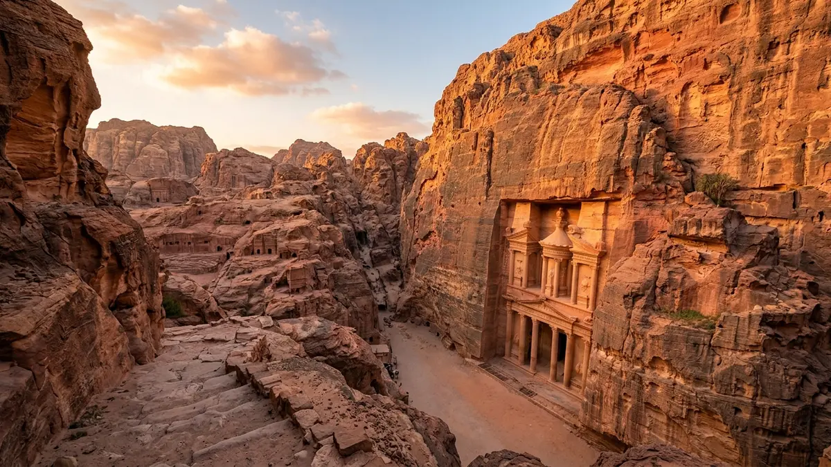 Petra’s rose-red cliffs and carved facades at golden hour
