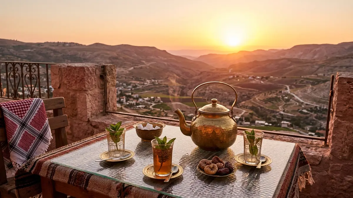 Mint tea on a table overlooking the Jordan Valley at sunset
